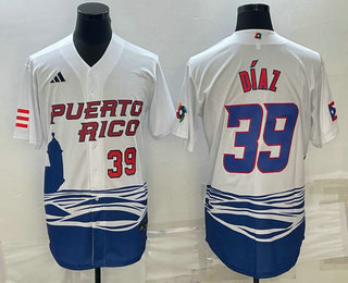 Men%27s Puerto Rico Baseball #39 Edwin Diaz Number 2023 White World Baseball Classic Stitched Jerseys